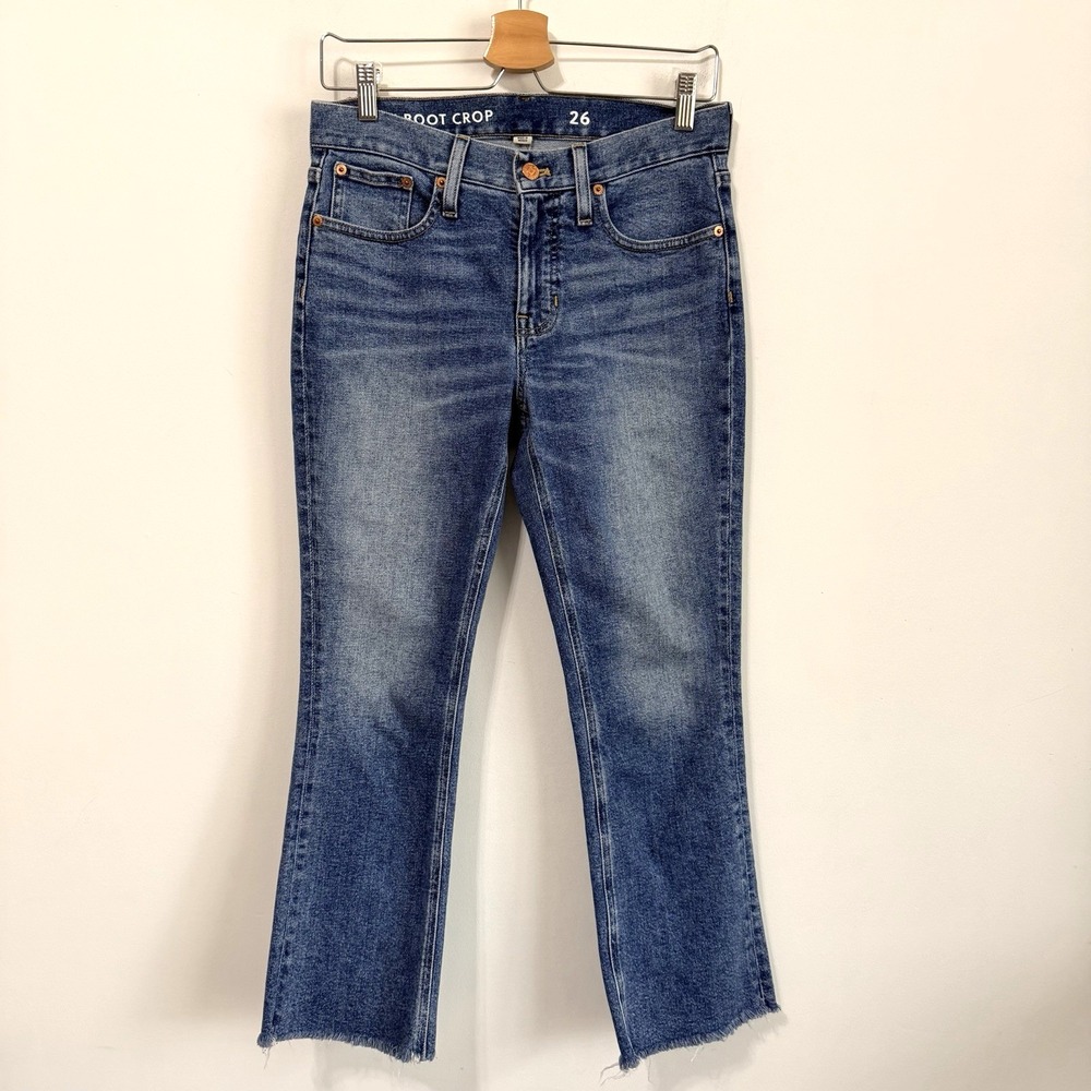 J Crew Billie 9" Demi Boot Crop Jeans 26 Raw Hem Blue Medium‎ Wash Mid Rise